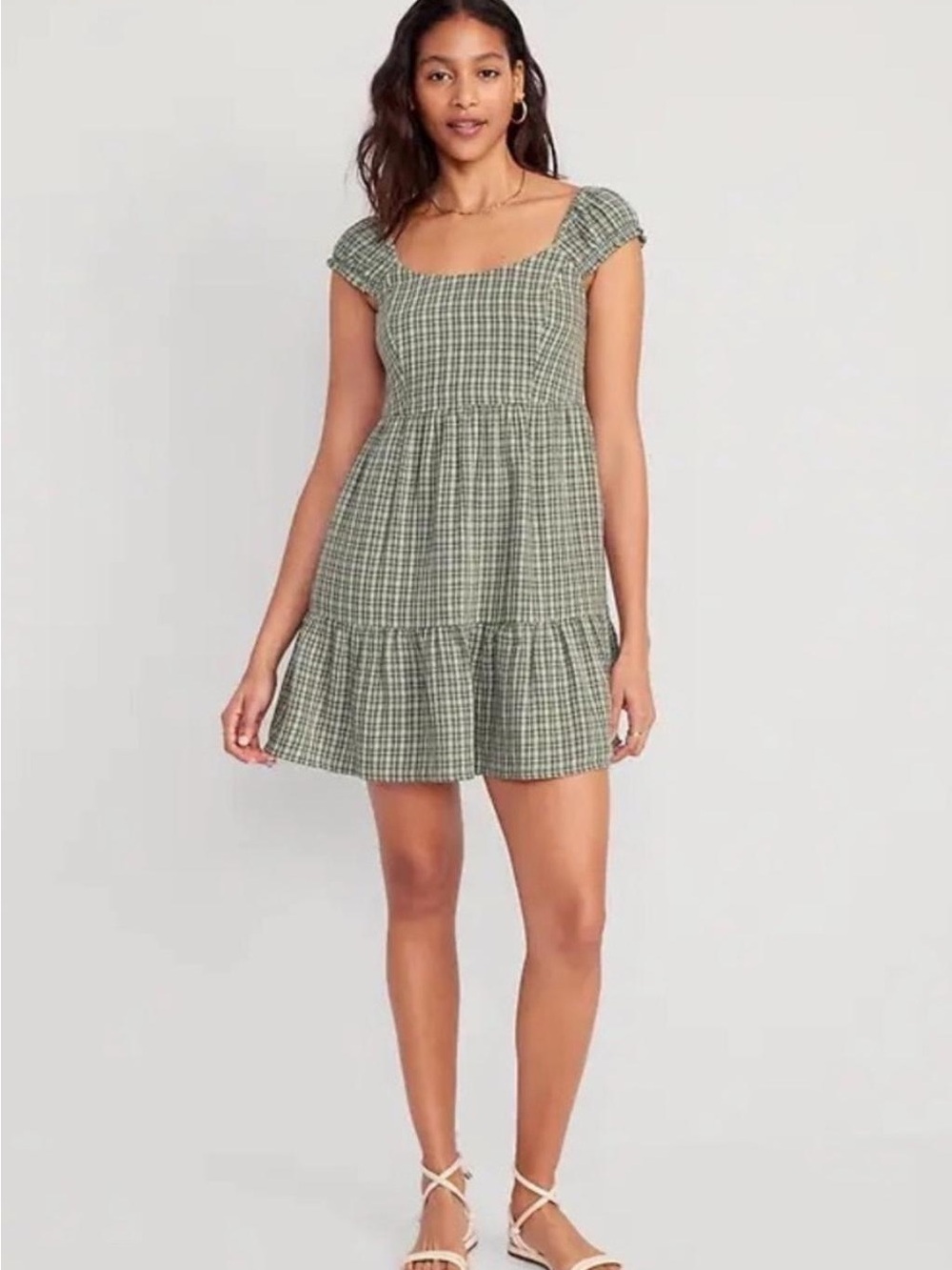 Old Navy Green Gingham Smocked Square Neck Mini Dress Size M Cottage Core